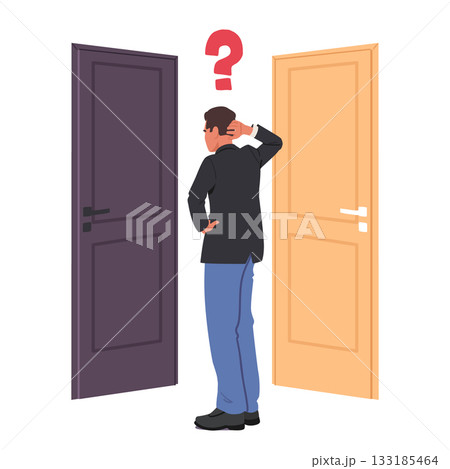 Confused businessman cartoon characters standing front of two doors making critical choice Confused businessman cartoon characters standing front of two doors making critical choice 133185464