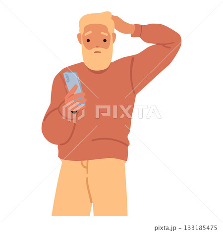 Mature man cartoon character looking at phone screen making decision choosing correct answer Mature man cartoon character looking at phone screen making decision choosing correct answer 133185475
