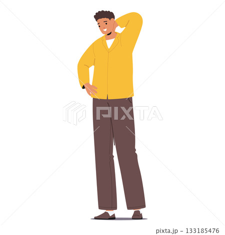 Pensively smiling guy job seeker character thinking about vacancy offer and career opportunity Pensively smiling guy job seeker character thinking about vacancy offer and career opportunity 133185476