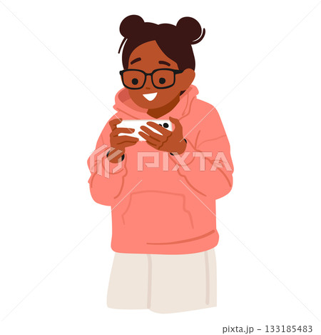 Happy smiling interested girl cartoon character reading digital book on smartphone isolated on white Happy smiling interested girl cartoon character reading digital book on smartphone isolated on white 133185483