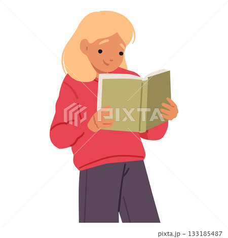 Smart preschool girl cartoon character happily reading story book enjoying early development 133185487