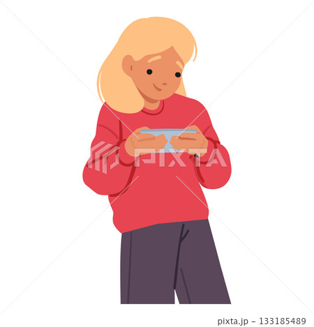 Excited little girl cartoon preschooler character reading ebook on mobile phone isolated on white 133185489