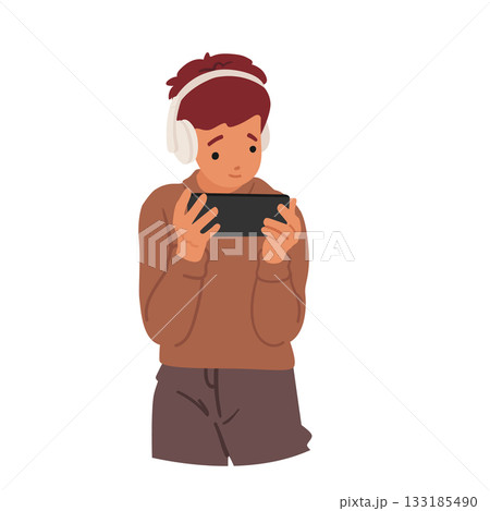 Cute little boy child cartoon character reading book using mobile phone and headphones portrait 133185490
