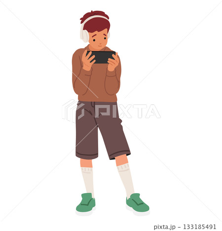 Full-length portrait of smart boy kid cartoon character reading ebook on phone isolated on white Full-length portrait of smart boy kid cartoon character reading ebook on phone isolated on white 133185491