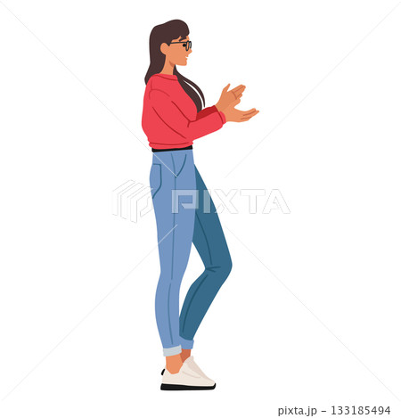 Young businesswoman cartoon character applauding sharing congratulations isolated on white 133185494