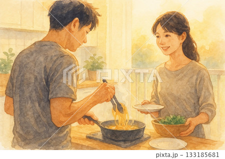 昼のパスタを一緒に調理する日本人カップルのキッチンライフ 133185681