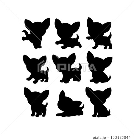 Collection of playful chihuahua silhouettes in various poses on a white background Collection of playful chihuahua silhouettes in various poses on a white background 133185844