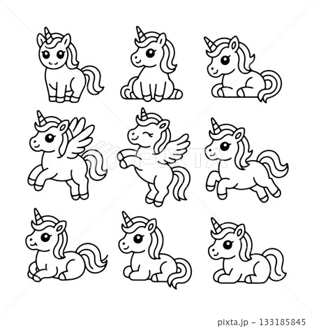 Colorful cartoon unicorns in various poses and expressions, ideal for children s art projects or fun designs Colorful cartoon unicorns in various poses and expressions, ideal for children s art projects or fun designs 133185845
