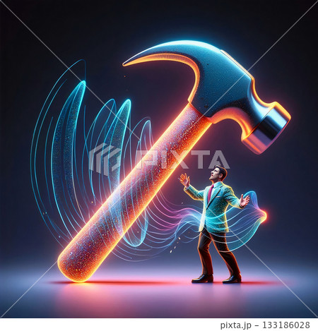 Confronting the mighty tool a man and a glowing hammer. A man stands in awe before an oversized, glowing hammer. Confronting the mighty tool a man and a glowing hammer. A man stands in awe before an oversized, glowing hammer. 133186028