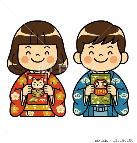レトロポップな着物姿の子供たちと縁起物（お正月・七五三イメージ） 133186100