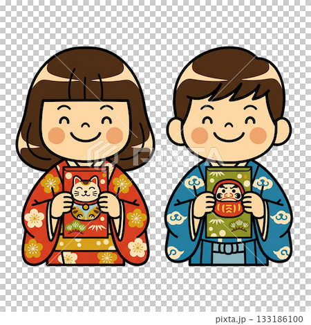 レトロポップな着物姿の子供たちと縁起物（お正月・七五三イメージ） 133186100