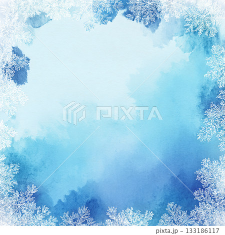 水彩の雪の結晶フレーム　ふんわりブルーの冬背景素材 133186117