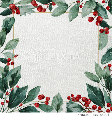 水彩のヒイラギと赤い実のフレーム　クリスマスの装飾背景素材 133186201