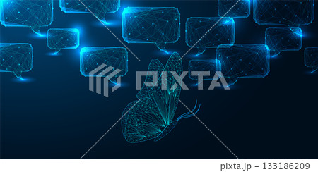 Digital butterfly among AI communication bubbles, symbolizing transformation and nature-tech fusion 133186209