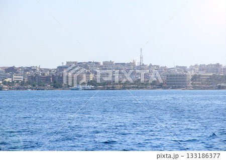View of the coast of Hurghada from the sea. Panorama of Hurghada city from sea 133186377