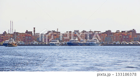 View of the coast of Hurghada from the sea. Panorama of Hurghada city from sea 133186378