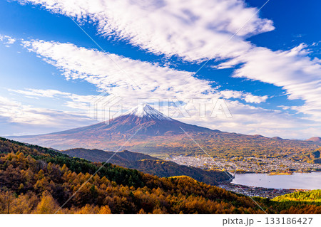 【山梨県】ダイナミックな雲、カラマツの黄葉の向こうに富士山 133186427
