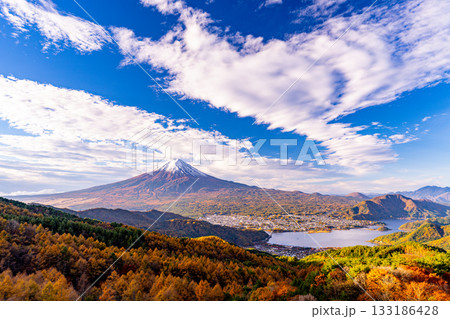 【山梨県】ダイナミックな雲、カラマツの黄葉の向こうに富士山 133186428