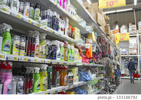 Detergents for bath and kitchen shelves of supermarket store Detergents for bath and kitchen shelves of supermarket store 133186792