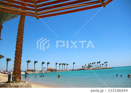 tropical resort with palm trees sand and sandy beach. Paradise rest on seashore of Red sea 133186844