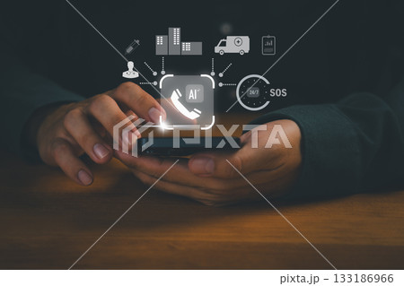 Close-up of hands using smartphone with AI emergency call icon, SOS symbol, hospital, ambulance, and medical support graphics representing digital healthcare, telemedicine, and 24/7 assistance. 133186966