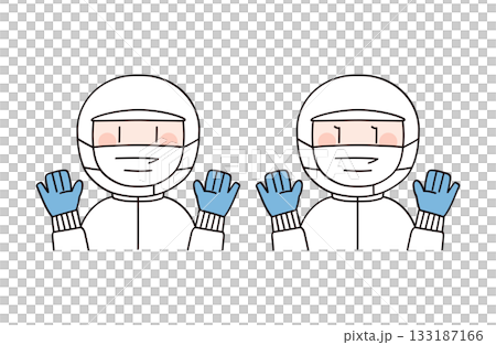 Two men and women wearing rubber gloves, representing a food factory or school lunch worker 133187166