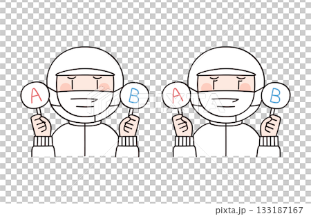 Two men and women with food factory or school lunch staff images holding answer cards Two men and women with food factory or school lunch staff images holding answer cards 133187167