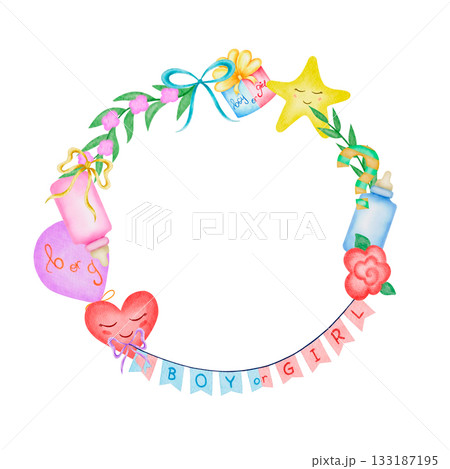 Watercolor frame for gender reveal party decorations. This sweet composition on a white background is perfect for gender reveal party invitations, cards, printed materials, posters, banners, albums 133187195