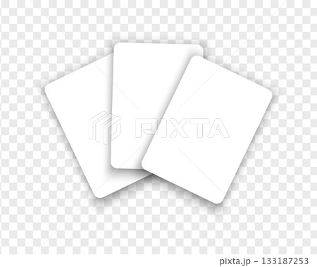 Three empty white playing cards isolated on transparent background. Playcard templates. Discount, gift or credit card mockups. Poker game concept. Vector realistic illustration 133187253