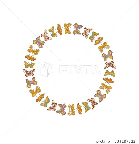 Groovy retro butterfly border with pattern style forms a colorful vintage circle. Artistic frame design, modern y2k vibe and creative border for standout visual decoration. Groovy retro butterfly border with pattern style forms a colorful vintage circle. Artistic frame design, modern y2k vibe and creative border for standout visual decoration. 133187322
