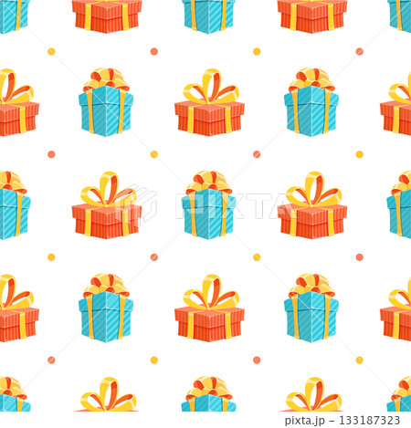 Seamless pattern with holiday gift boxes and ribbons. Present boxes adorned with bows create a festive wrapped theme. Ideal for birthday party backgrounds and holiday designs. Seamless pattern with holiday gift boxes and ribbons. Present boxes adorned with bows create a festive wrapped theme. Ideal for birthday party backgrounds and holiday designs. 133187323