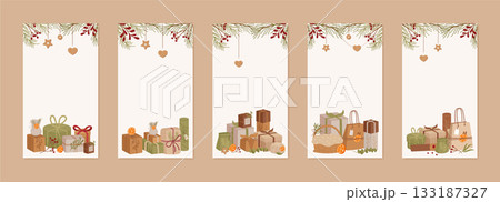Kraft gift box banner in flat holiday design style. Present and ribbon package collection with rustic craft. Christmas vertical composition for festive decor and seasonal display context. Kraft gift box banner in flat holiday design style. Present and ribbon package collection with rustic craft. Christmas vertical composition for festive decor and seasonal display context. 133187327