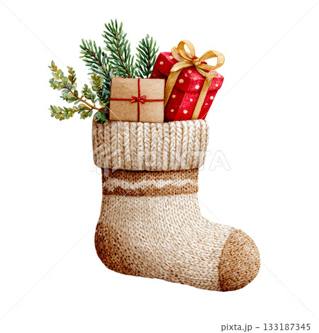 透明背景（png）にクリスマスプレゼントが入った靴下のイラスト 133187345
