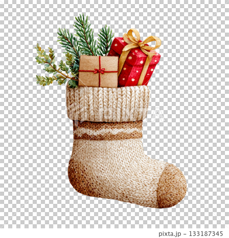 Illustration of a stocking with Christmas gifts on a transparent background (png) 133187345