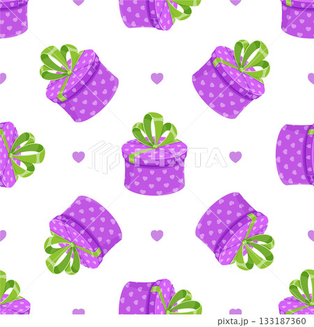 Cartoon gift box seamless pattern. Present with bow and ribbon repeated on paper. Colorful background with wrapped package, ideal for festive celebrations and cheerful events. 133187360