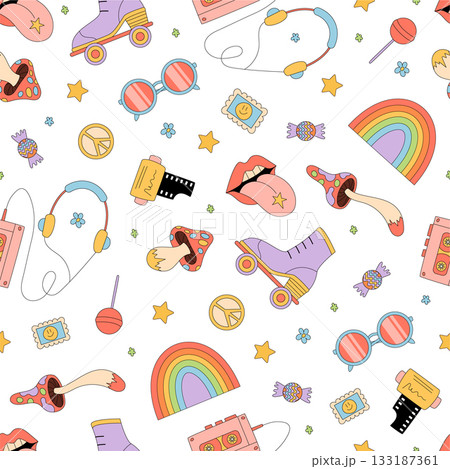 Groovy retro seamless psychedelic sticker pattern fills the background with funky colorful rainbow and mushroom forms. Y2k influence and playful style create a vibrant, trendy design perfect for 133187361