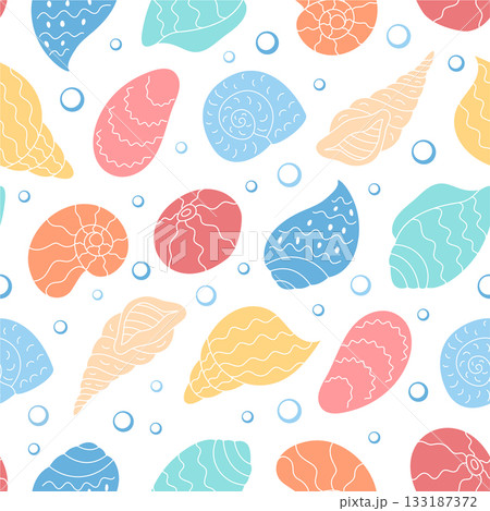Seamless cartoon underwater shell pattern. Marine design with aquatic seashell shapes and ocean motifs. Vibrant doodle texture, playful sea elements, ideal for summer theme backgrounds. 133187372