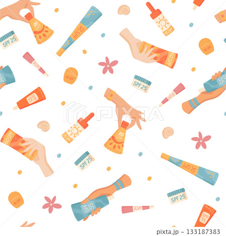 Flat seamless sunscreen bottle pattern background. Sunblock lotion, tube, cream, cosmetic SPF bottle hold in hand, seamless sun cream tube set, flat style summer product, background. Flat seamless sunscreen bottle pattern background. Sunblock lotion, tube, cream, cosmetic SPF bottle hold in hand, seamless sun cream tube set, flat style summer product, background. 133187383