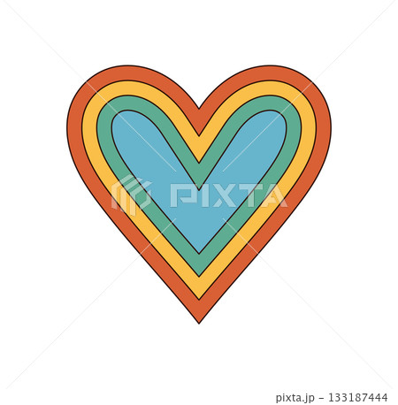 Funky retro heart with colorful orange and blue style forms a groovy element sticker. Vintage retro symbol brings a cool and playful accent to modern pop stylish creative projects. 133187444