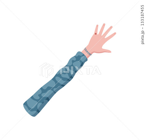 Flat style hand gesture with palm and five fingers raised. Cartoon style pose showing the number 5 for counting. Arm with sleeve reaching upward, isolated on white, suitable for math concepts or Flat style hand gesture with palm and five fingers raised. Cartoon style pose showing the number 5 for counting. Arm with sleeve reaching upward, isolated on white, suitable for math concepts or 133187455
