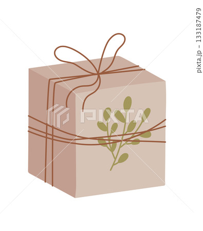 Rustic eco kraft gift box graphic in flat style. Present with ribbon and cardboard texture expresses sustainable holiday or christmas decor. Neutral brown color, perfect for seasonal celebration Rustic eco kraft gift box graphic in flat style. Present with ribbon and cardboard texture expresses sustainable holiday or christmas decor. Neutral brown color, perfect for seasonal celebration 133187479