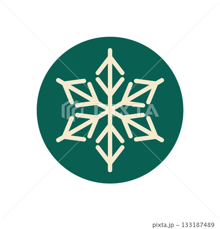 Green circle sticker with snow flake line icon. White snowflake for xmas label and holiday decoration. Winter symbol and christmas label, perfect for box festive use. Green circle sticker with snow flake line icon. White snowflake for xmas label and holiday decoration. Winter symbol and christmas label, perfect for box festive use. 133187489