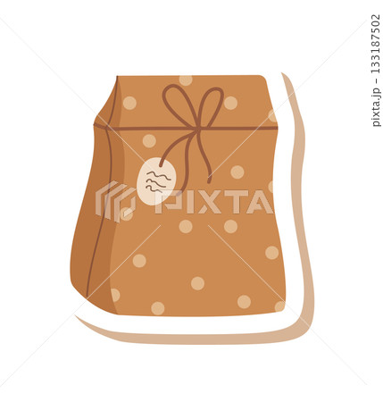 Rustic kraft takeaway box sticker in flat brown style. Cardboard carton package serves as container and gift. Christmas present concept and brown decor for holiday product mockup. 133187502