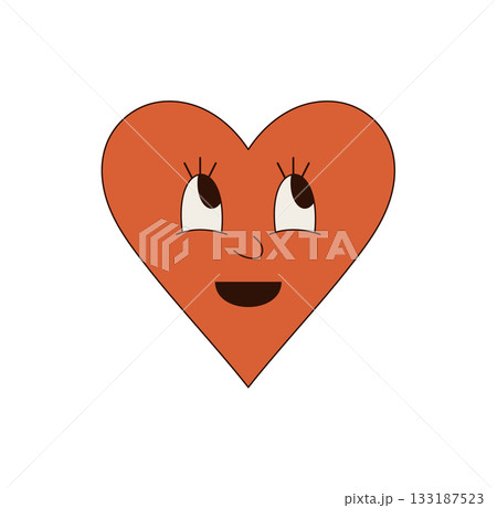 Groovy retro heart character with red face and cute smile forms a positive cartoon sticker. Happy and y2k groovy element, playful pop aesthetic for fun young art, perfect as a cheerful accent. 133187523