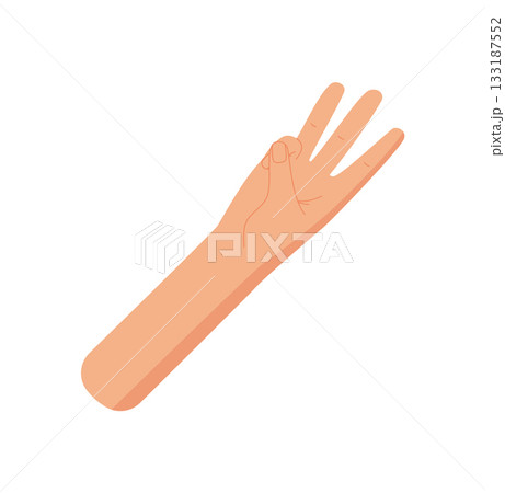Flat human hand gesture with three fingers. Bare hand showing number three with raised palm. Isolated icon of number counting symbol, math learning concept, preschool or educational element. 133187552