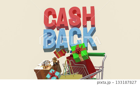 Cash Back Text with Shopping Cart and Gift Boxes on Beige Background 3d render. Cash Back Text with Shopping Cart and Gift Boxes on Beige Background 3d render. 133187827