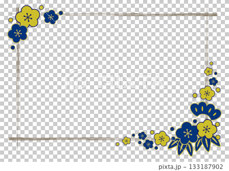 日式方形畫框，飾以鬆木、竹子、梅花和筆觸 / 藍金 133187902
