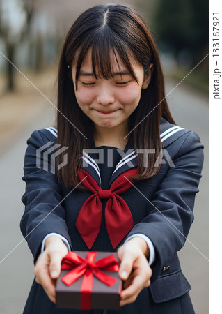 バレンタインチョコを恥ずかしそうに持つ女子高生 バレンタインチョコを恥ずかしそうに持つ女子高生 133187921