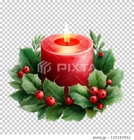 Illustration of a lit red Christmas candle on a transparent background (png) 133187932