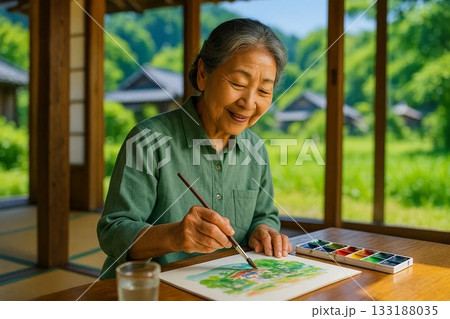 田舎の家で水彩画を楽しむシニア女性 133188035